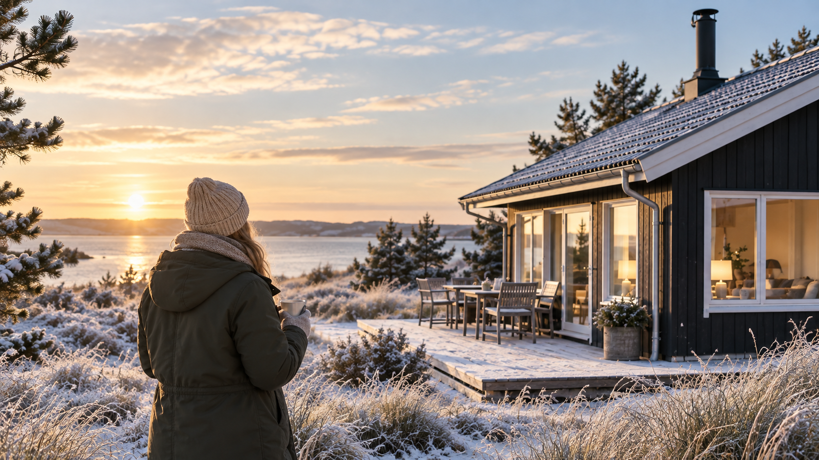 Kvinde ved sommerhus i vinterlandskab
